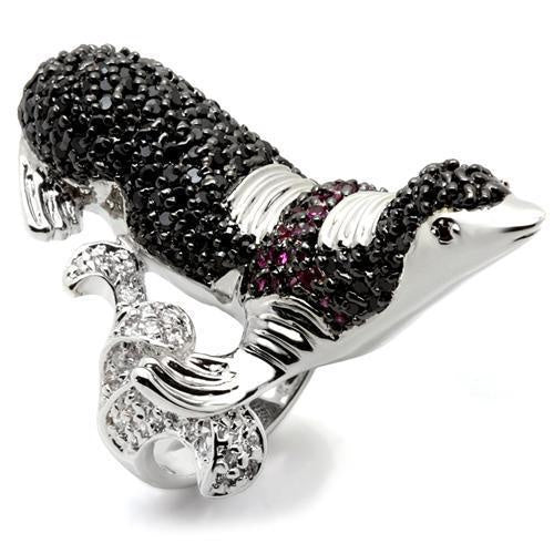 0W003 - Rhodium + Ruthenium Brass Ring with AAA Grade CZ in Multi Color - Image 2