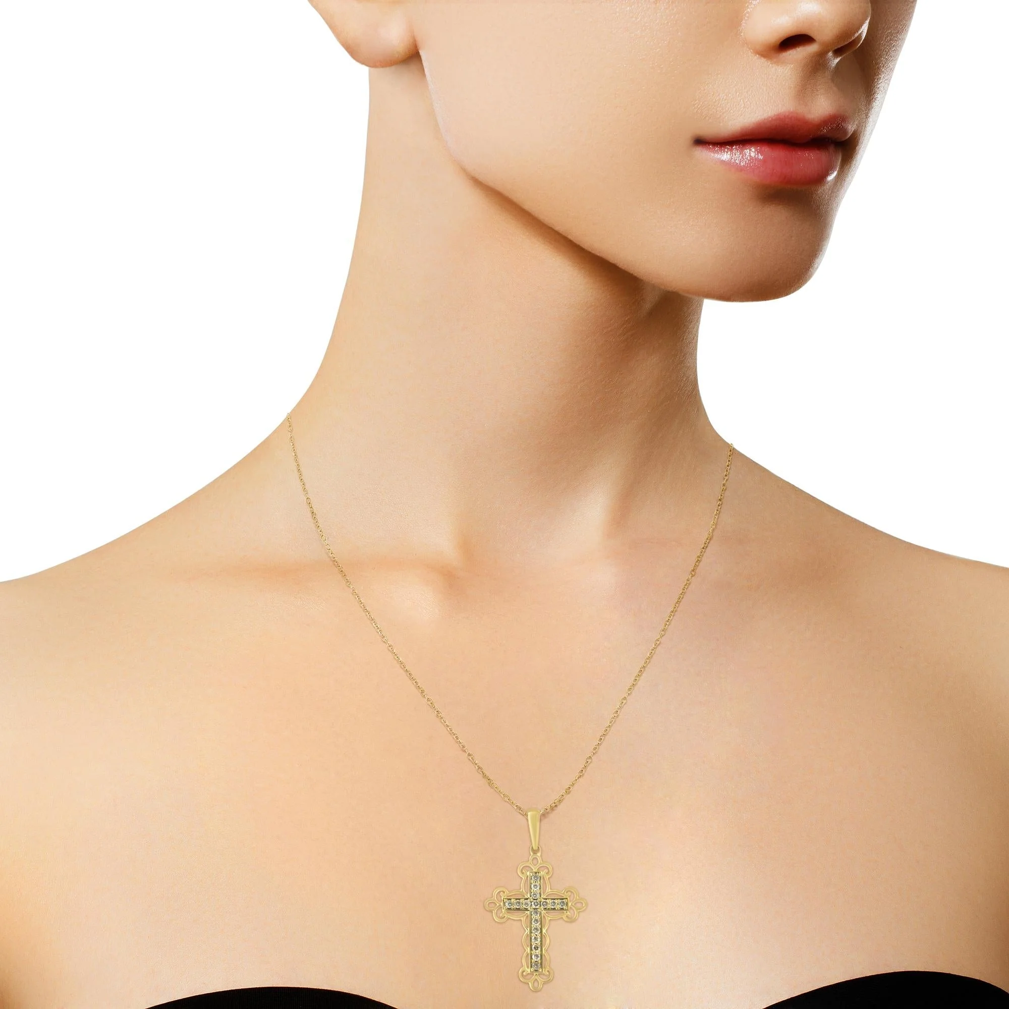 10K Yellow Flashed .925 Sterling Silver 1/4 Cttw Champagne Diamond Filigree Cross Pendant Necklace (K-L Color, I1-I2 Clarity) - 18" by Haus of Brilliance - Image 4