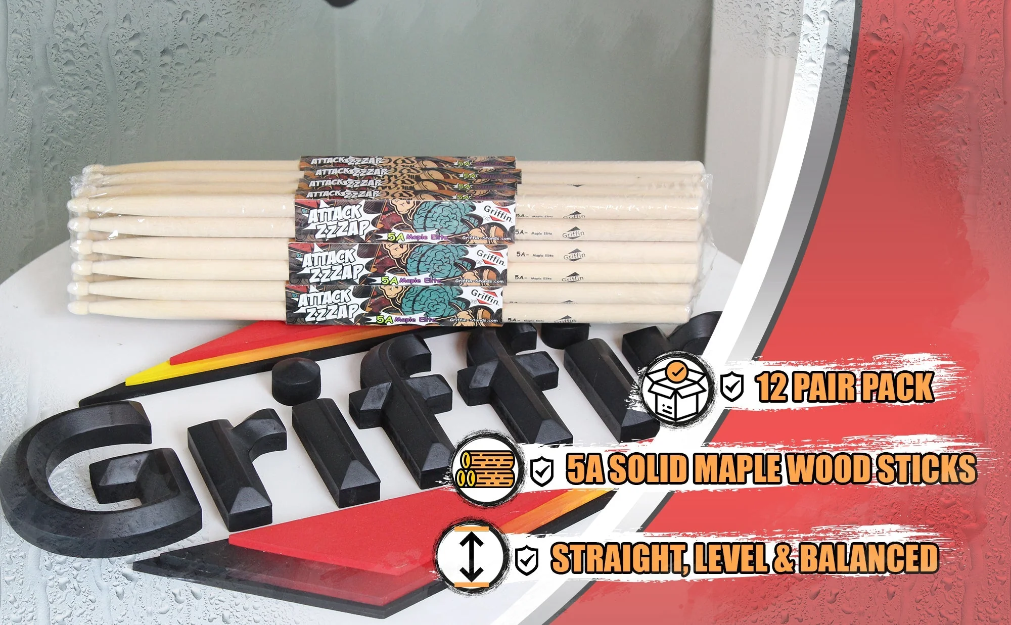 12 Pairs of Select Elite Maple Wood Drum Sticks by GRIFFIN Attack Zzzap - Size 5A Premium Balanced, Level and Straight - Drummers Percussion Classic Pure Grit Uncoated, Raw Wood Drumming Sticks by GeekStands.com - Image 8