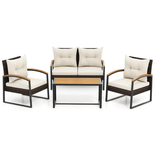 4 Pieces Patio Conversation Set with Acacia Wood Armrests and Tabletop and Cushions-White