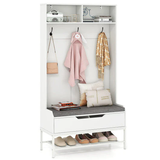 69 Inches Tall Hall Tree 4-in-1 Coat Rack with Seat Cushion and Shoe Storage-White
