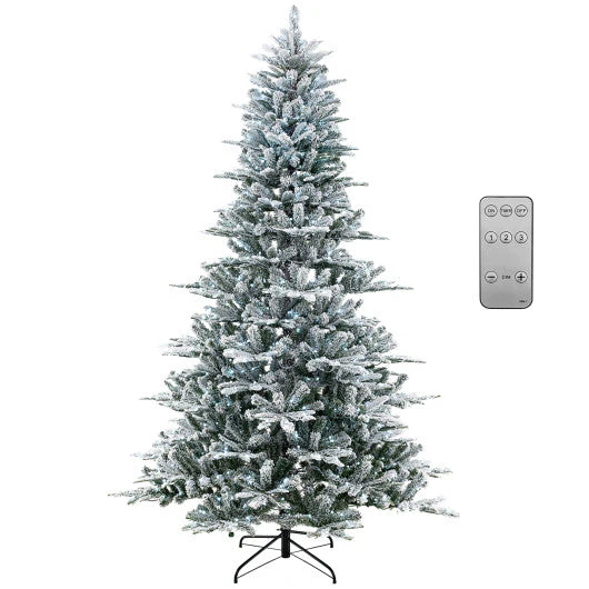 8 Feet Snow Flocked Artificial Christmas Tree with Cool White LED Lights