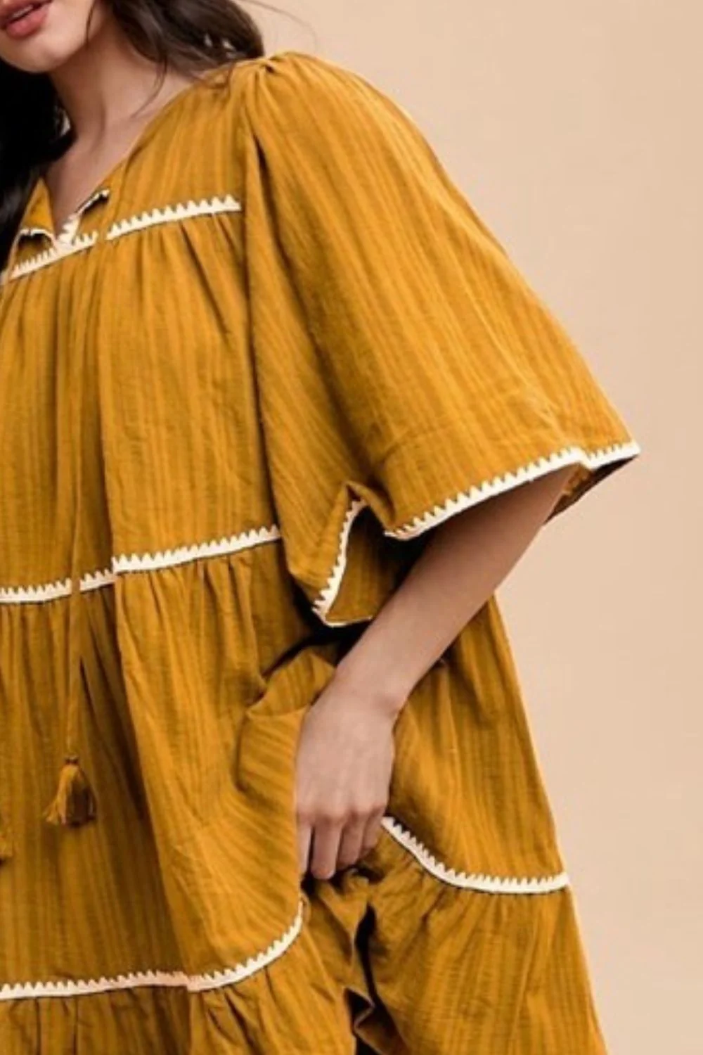 Annie Wear Tassel Contrast Trim Tie Neck Half Sleeve Tiered Dress - Image 3