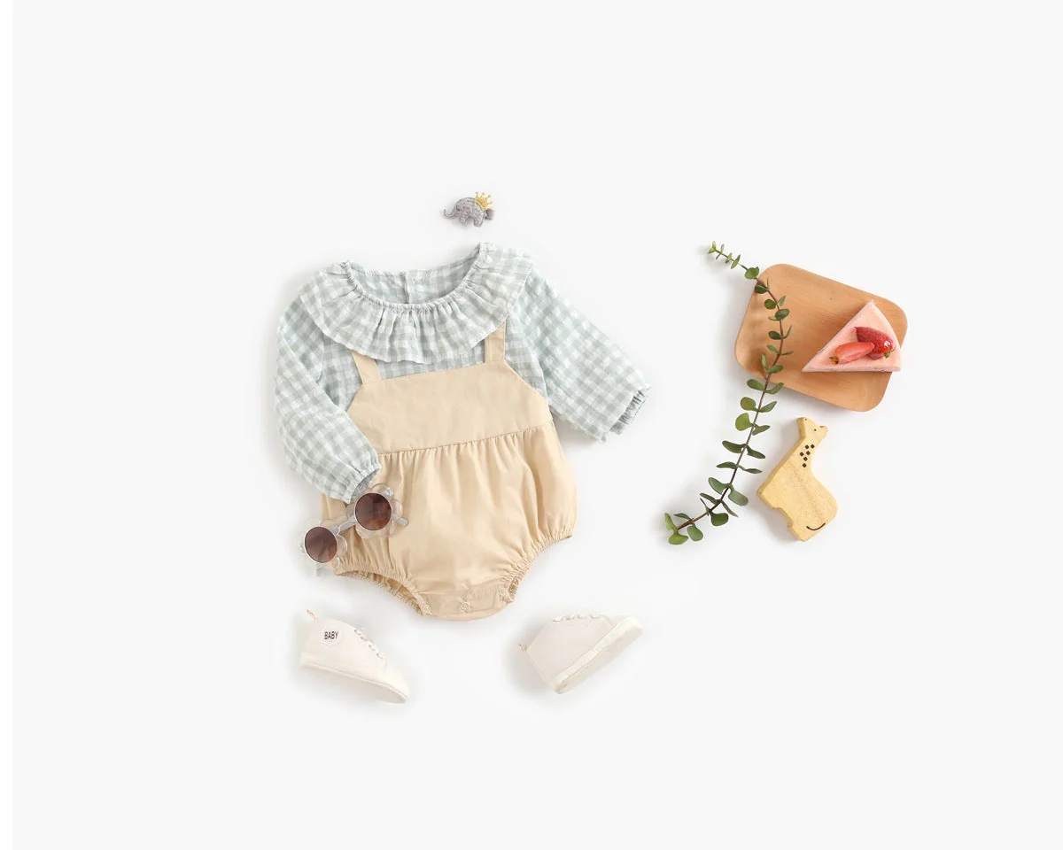 Baby Girl 1pcs Plaid Pattern False 2-Piece Design Ruffle Neck Onesies by MyKids-USA™ - Image 2