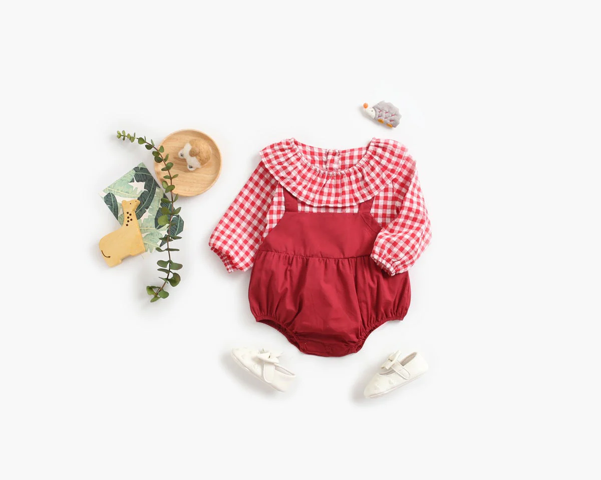 Baby Girl 1pcs Plaid Pattern False 2-Piece Design Ruffle Neck Onesies by MyKids-USA™ - Image 4