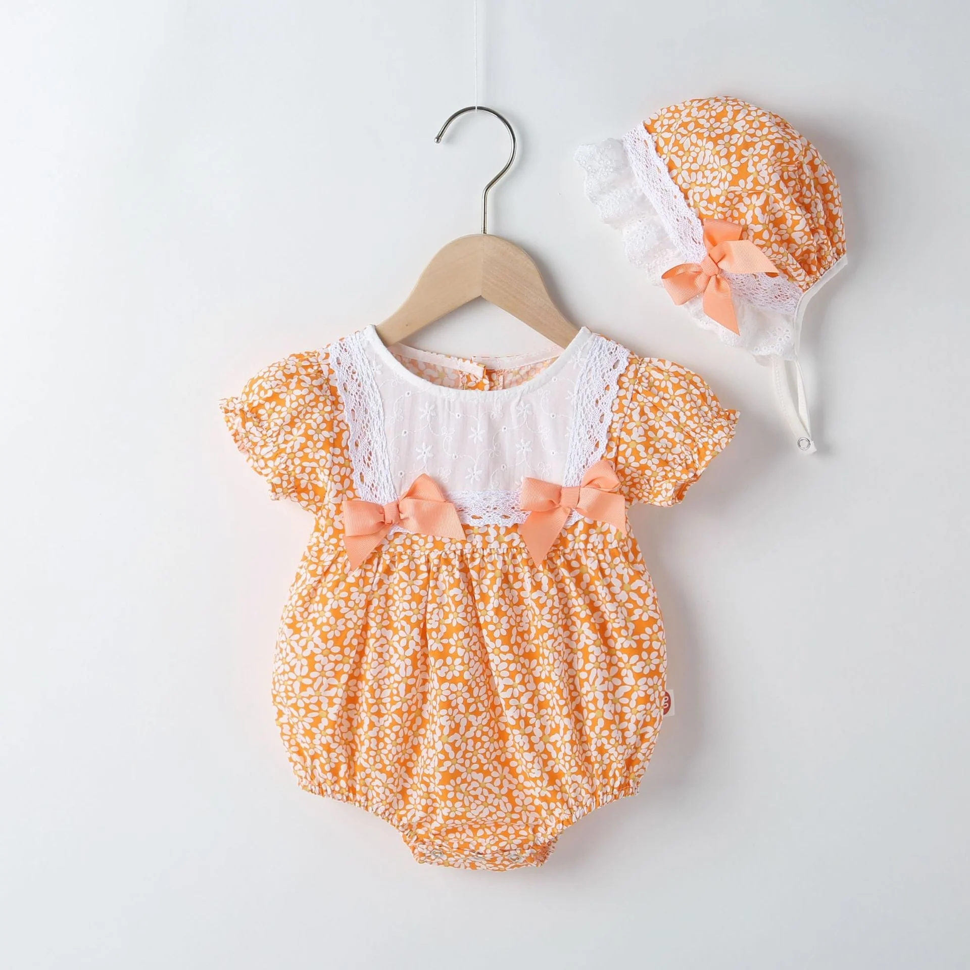 Baby Girl Floral Pattern Lace Patchwork Round Collar Short-Sleeved Colorful Cotton Onesies With Hat by MyKids-USA™ - Image 3