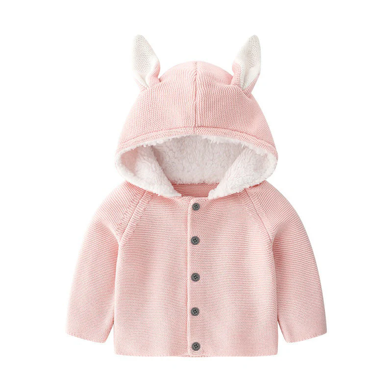 Baby Solid Color Bunny Ear Patched Hat Design Button Front Knitted Sweater Cardigan by MyKids-USA™ - Image 2