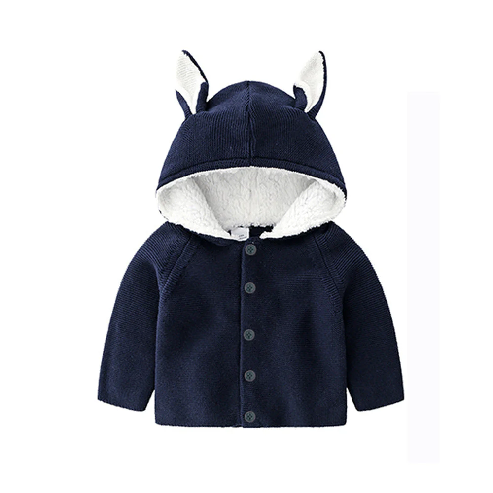 Baby Solid Color Bunny Ear Patched Hat Design Button Front Knitted Sweater Cardigan by MyKids-USA™ - Image 3