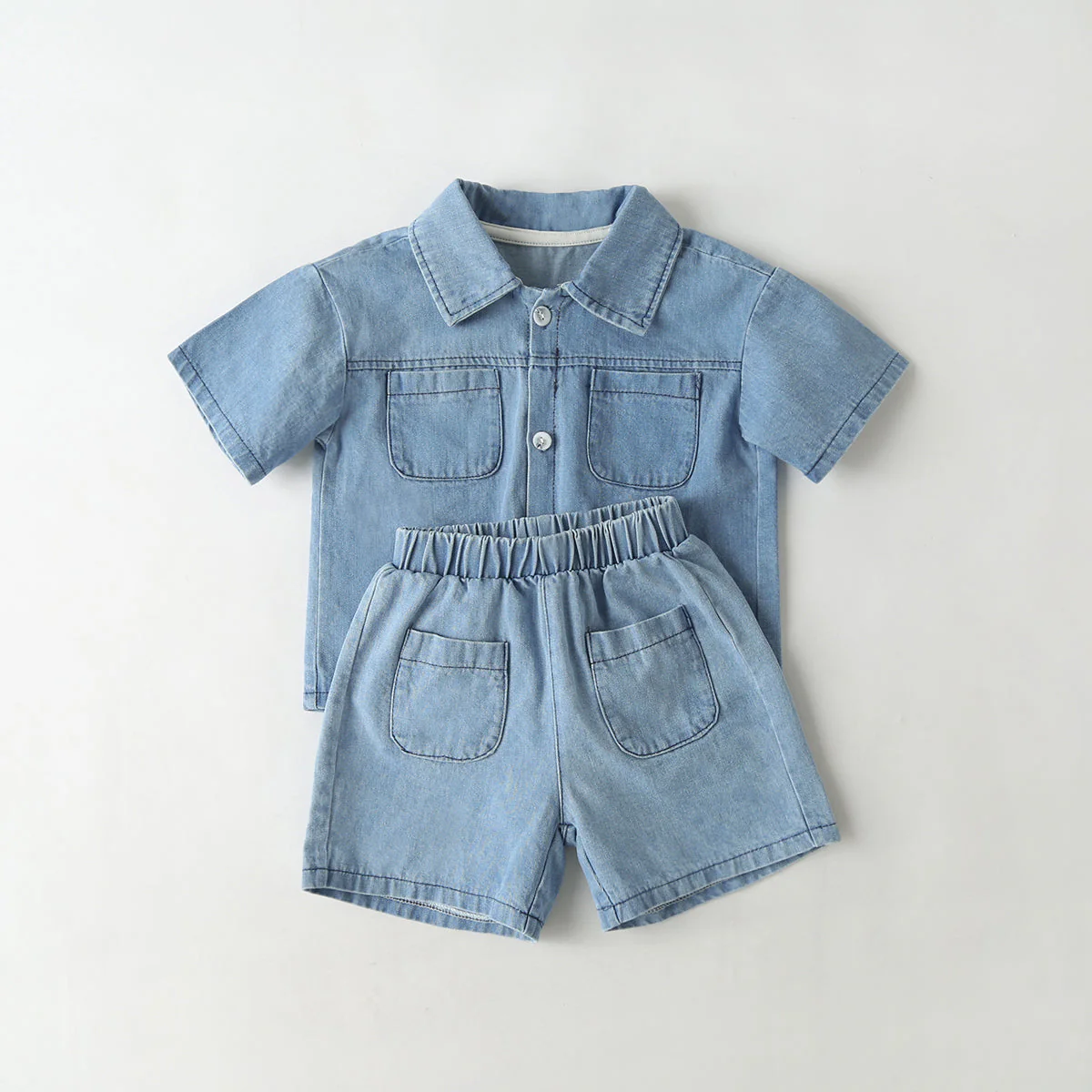 Baby Solid Color Butoon Front Denim Shirt Combo Shorts Sets In Summer by MyKids-USA™ - Image 2