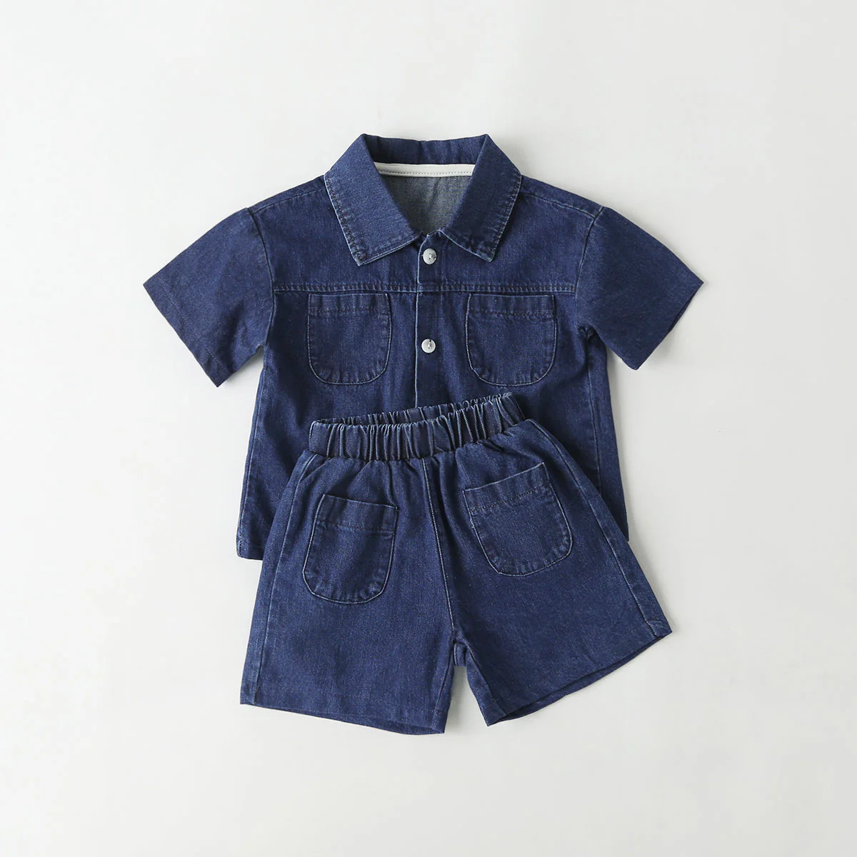 Baby Solid Color Butoon Front Denim Shirt Combo Shorts Sets In Summer by MyKids-USA™ - Image 3
