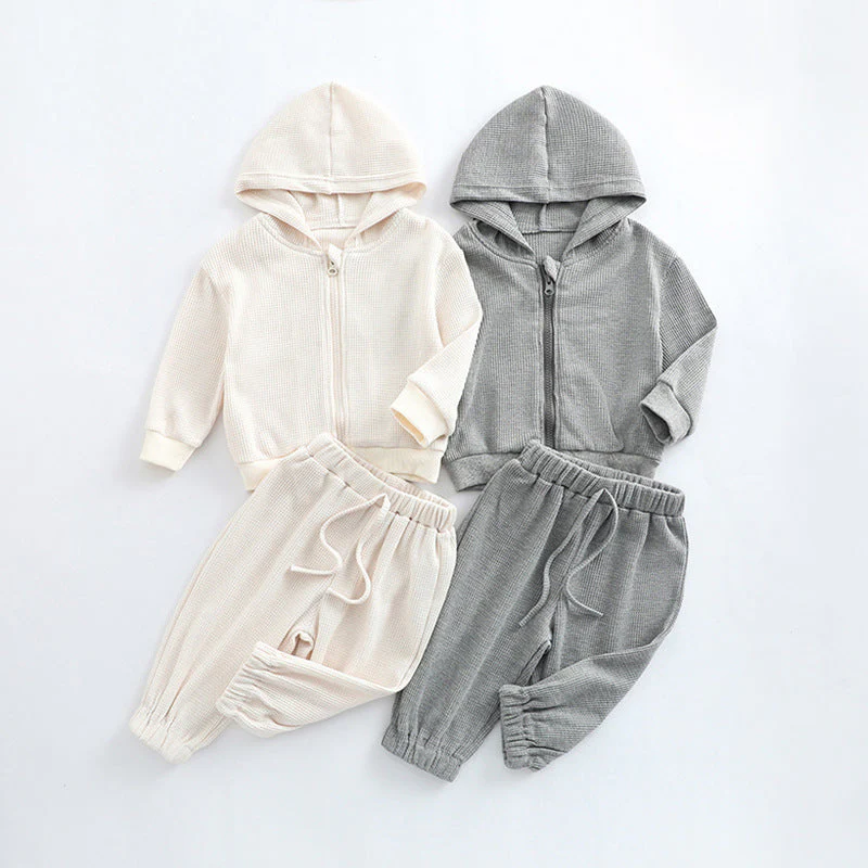 Baby Solid Color Waffle Knit Fabric Coat With Pants 2 Pieces Sets by MyKids-USA™ - Image 2