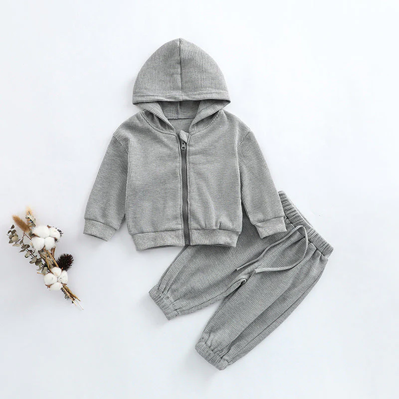 Baby Solid Color Waffle Knit Fabric Coat With Pants 2 Pieces Sets by MyKids-USA™ - Image 4