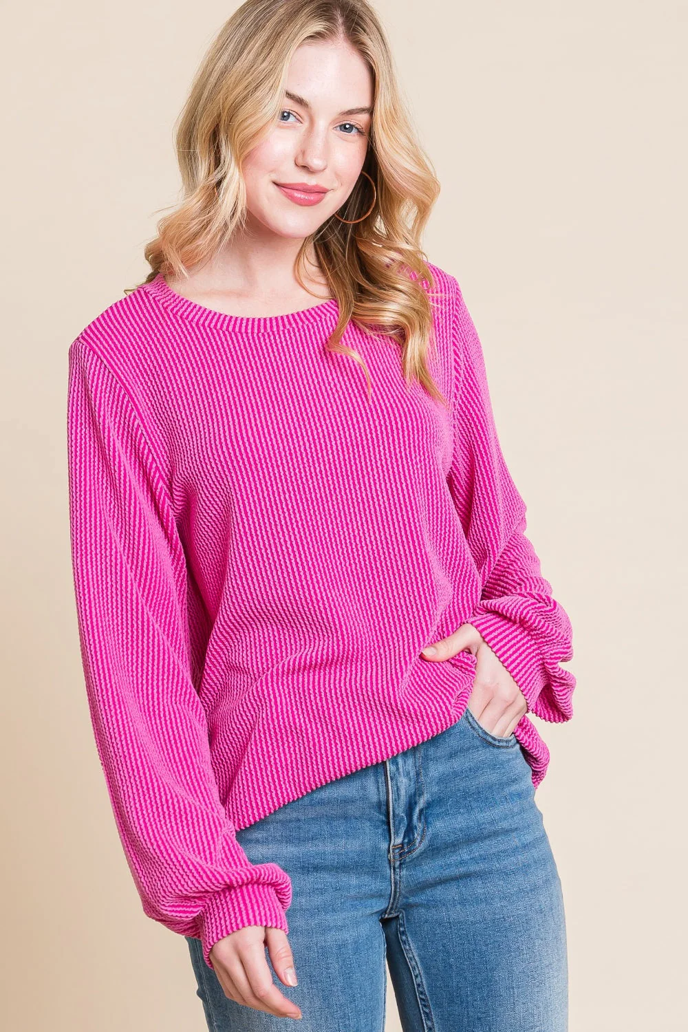 BOMBOM Long Sleeve Curved Hem Ribbed T-Shirt