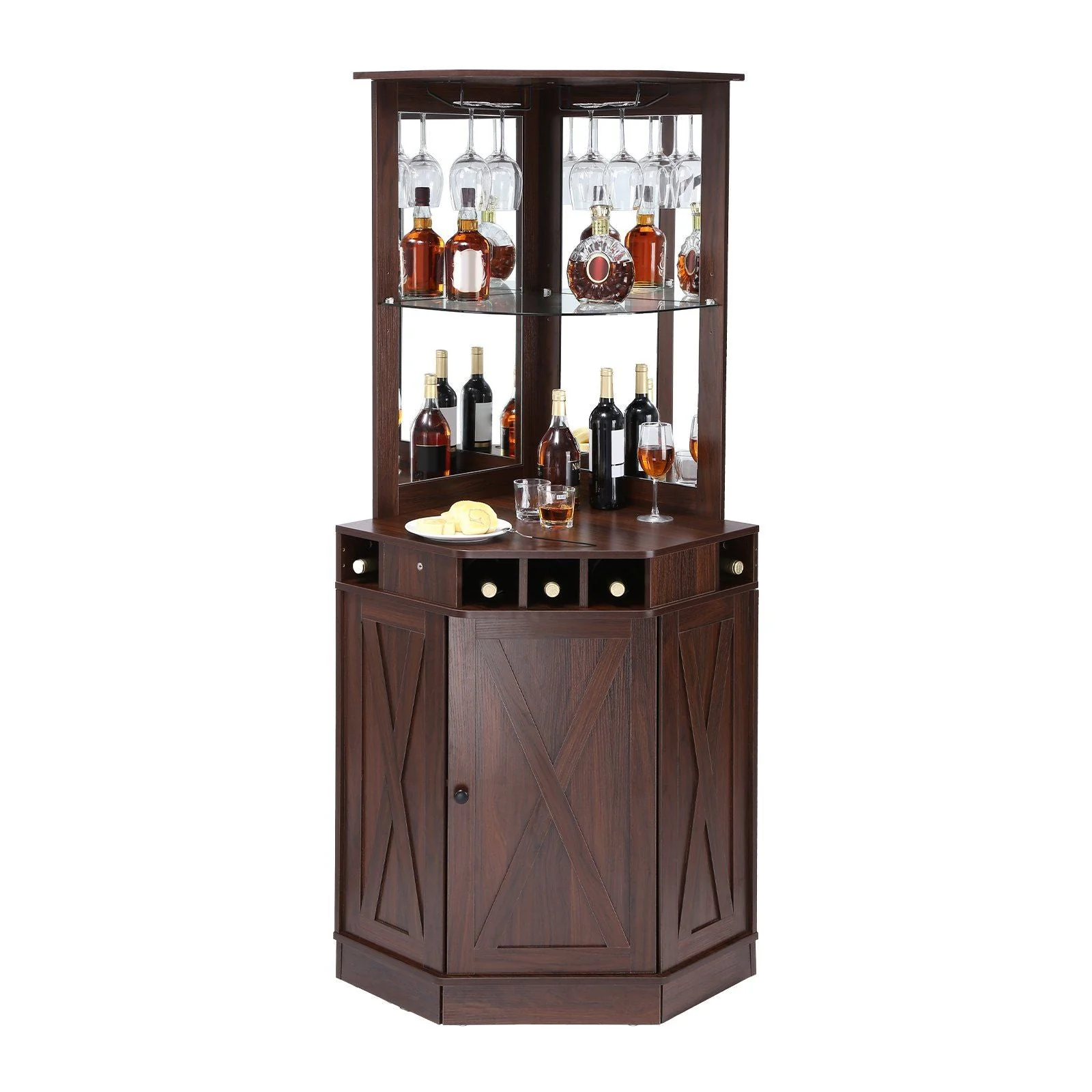 Corner Industrial Bar Cabinet, Wine Table for Liquor & Glasses, Sideboard Buffet Cabinet with Glass Holder, Freestanding Farmhouse Wood Coffee Bar Cabinet for Living Room, Home Bar, Black Walnut