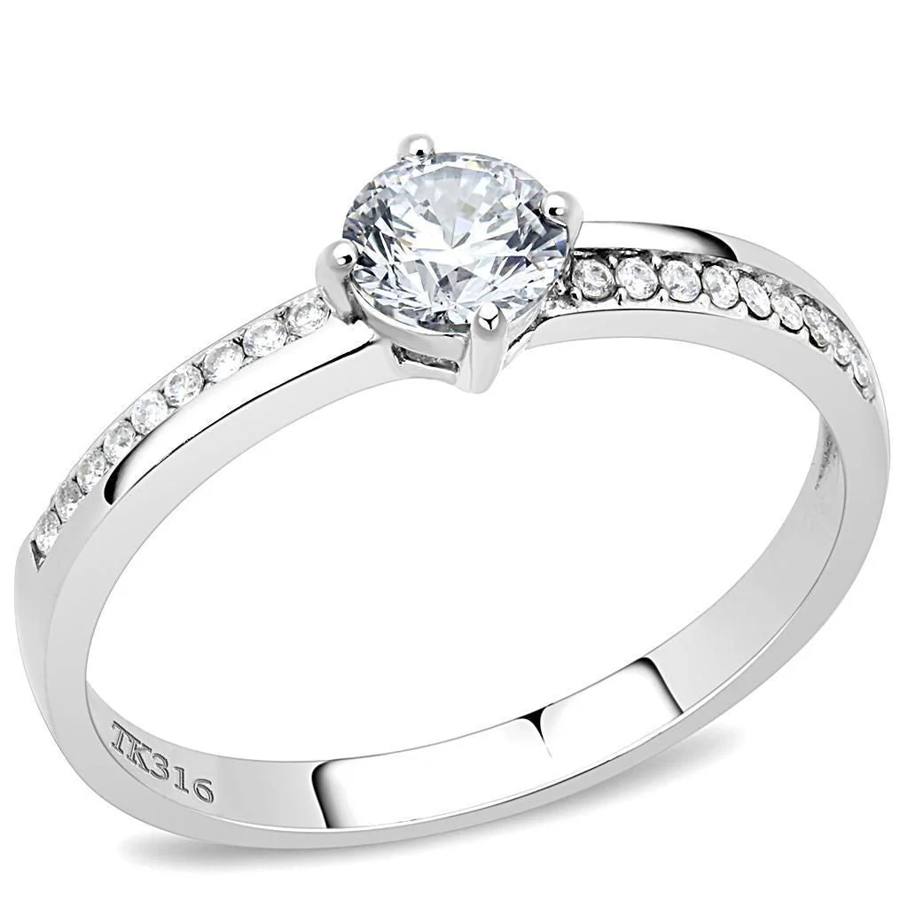 DA025 - High polished (no plating) Stainless Steel Ring with AAA Grade CZ in Clear - Image 2