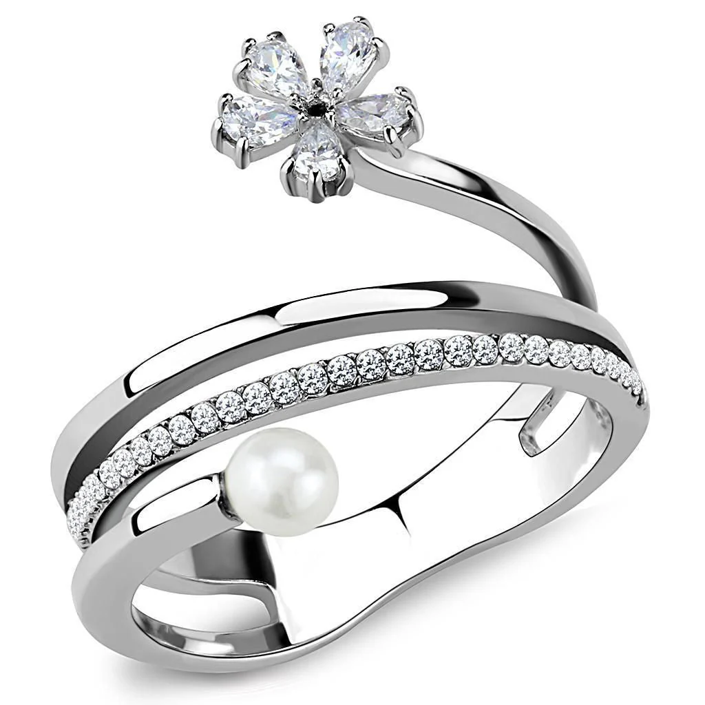 DA059 - High polished (no plating) Stainless Steel Ring with Synthetic Pearl in White - Image 6