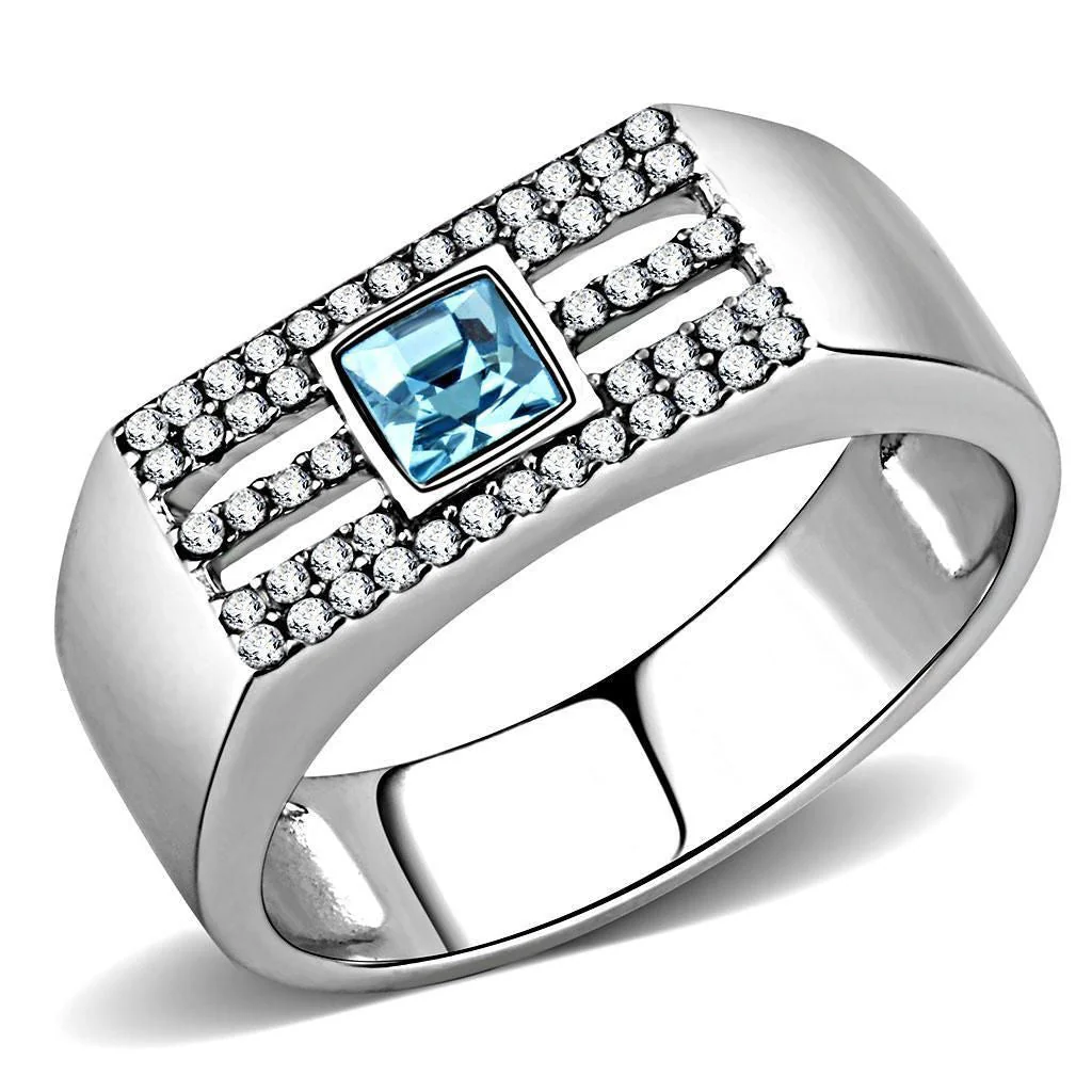 DA283 - High polished (no plating) Stainless Steel Ring with Top Grade Crystal in Sea Blue - Image 3