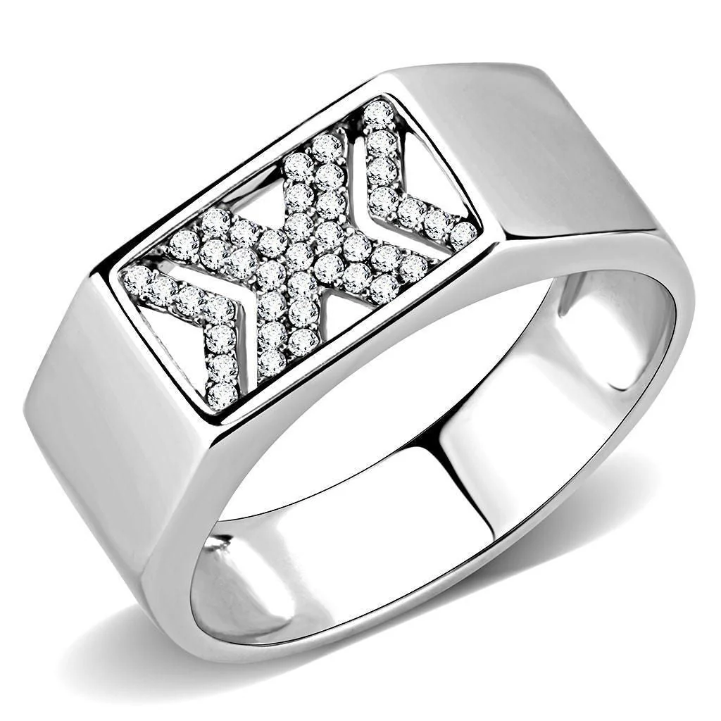 DA285 - High polished (no plating) Stainless Steel Ring with AAA Grade CZ in Clear - Image 2