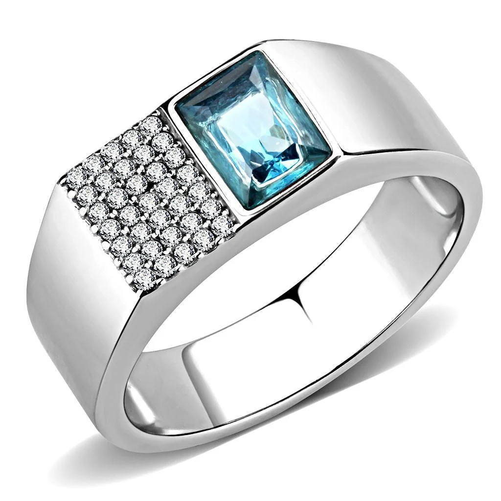 DA287 - High polished (no plating) Stainless Steel Ring with Synthetic in Sea Blue - Image 6