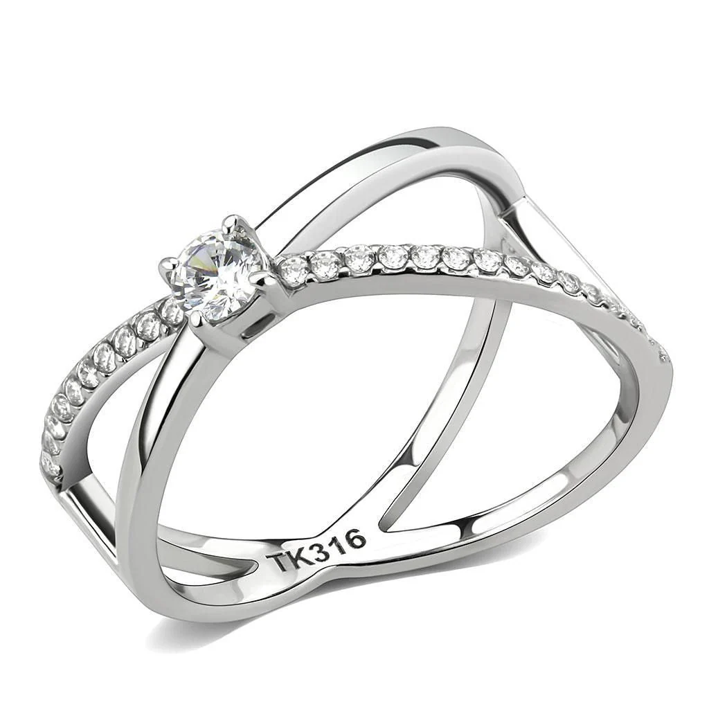 DA351 - High polished (no plating) Stainless Steel Ring with AAA Grade CZ in Clear - Image 2
