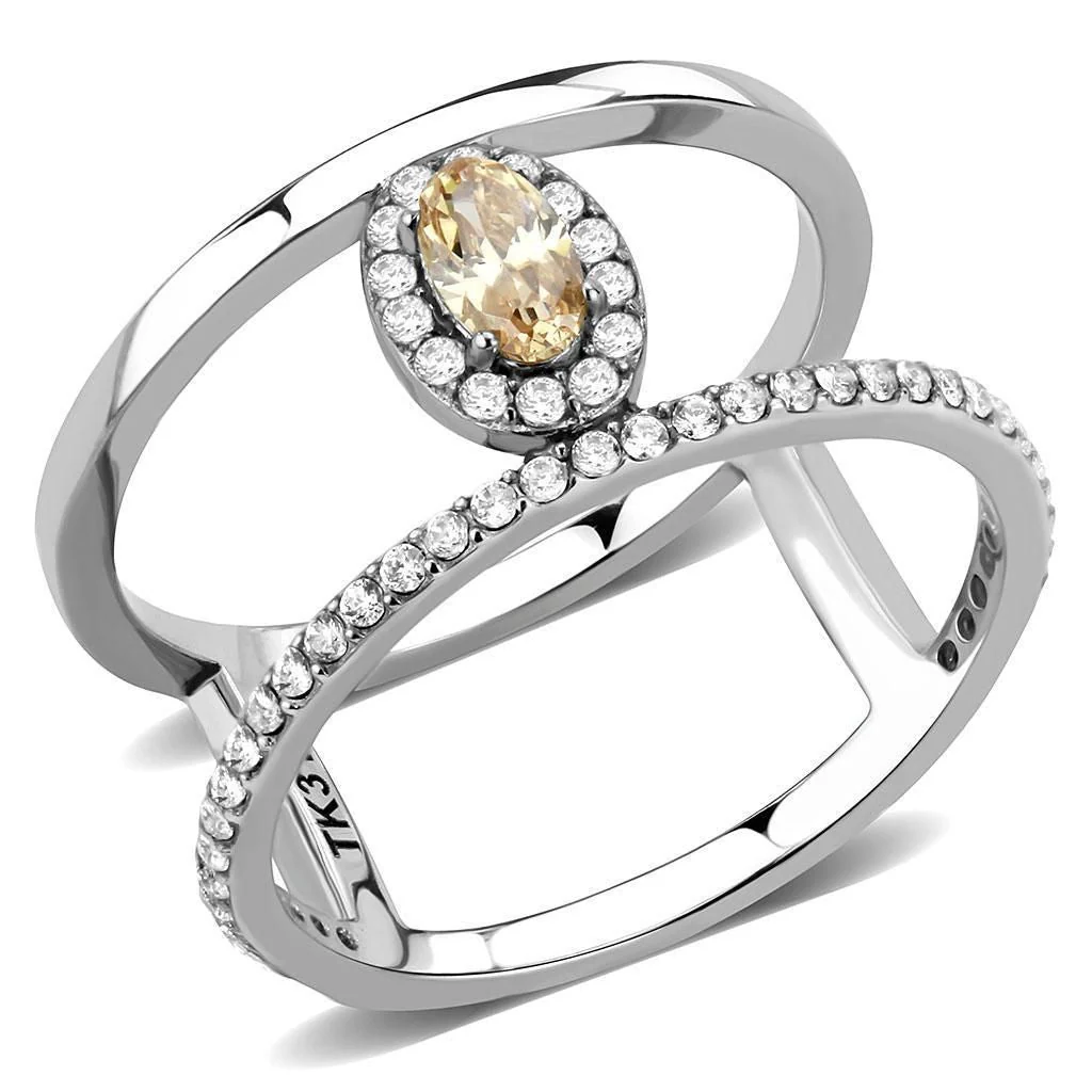 DA352 - High polished (no plating) Stainless Steel Ring with AAA Grade CZ in Champagne - Image 3