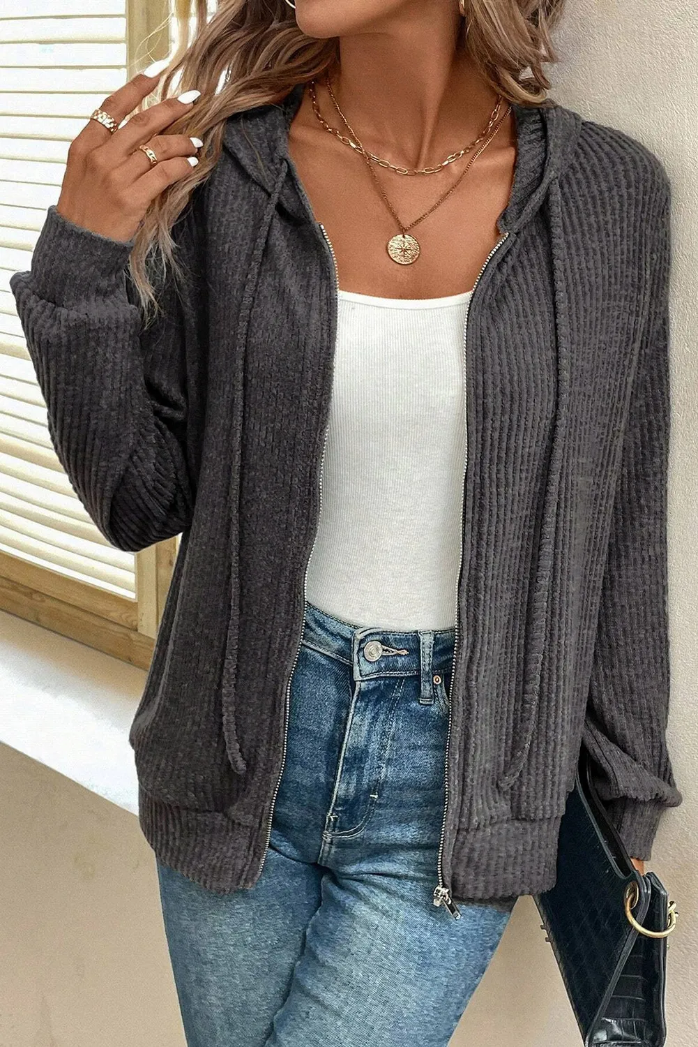 Drawstring Zip Up Long Sleeve Hooded Jacket