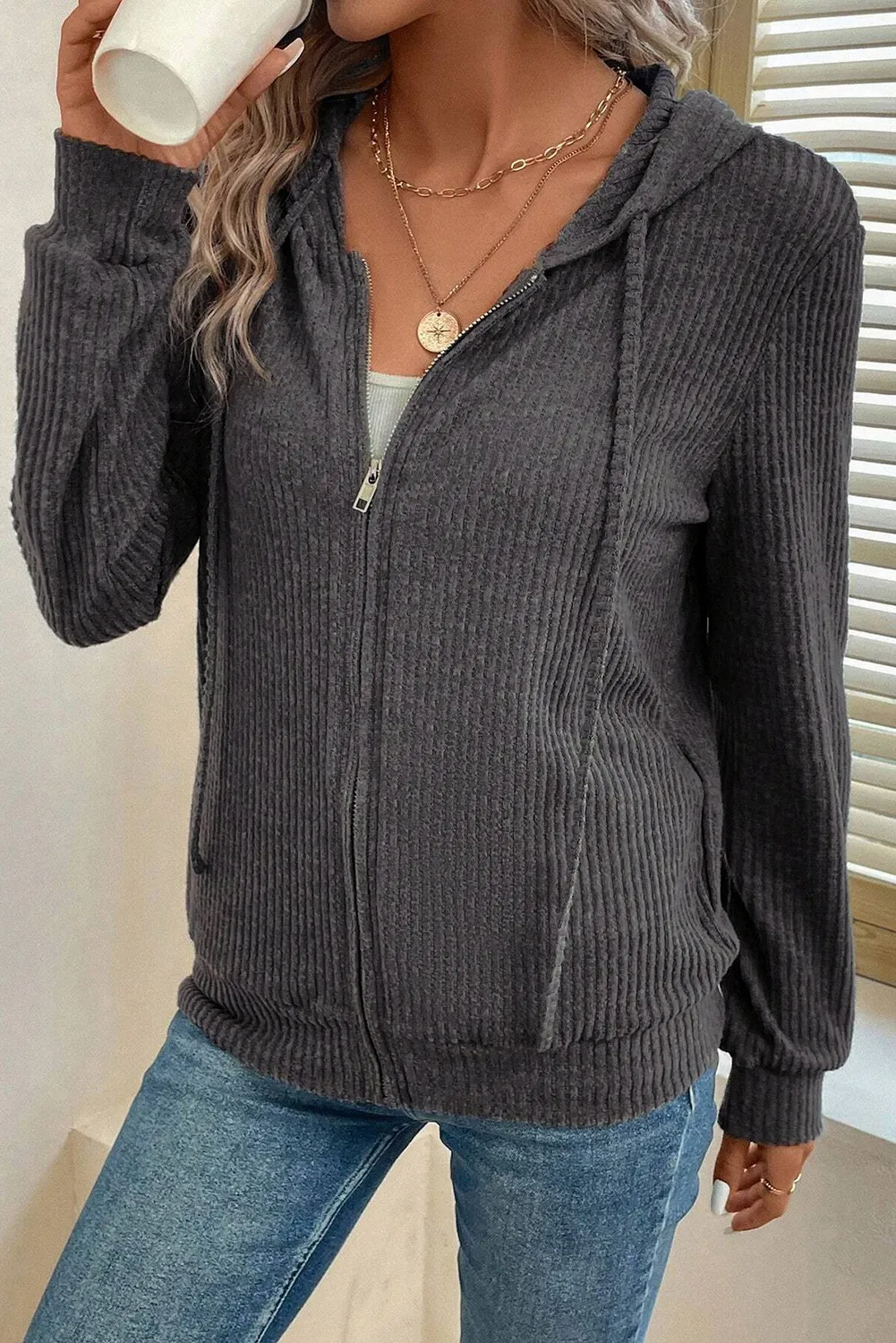 Drawstring Zip Up Long Sleeve Hooded Jacket - Image 2