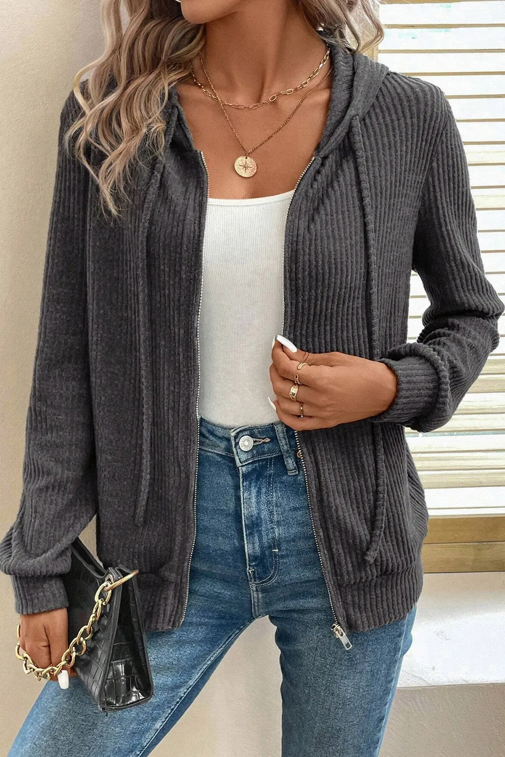 Drawstring Zip Up Long Sleeve Hooded Jacket - Image 3