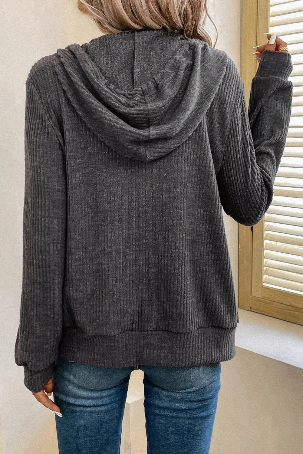 Drawstring Zip Up Long Sleeve Hooded Jacket - Image 4