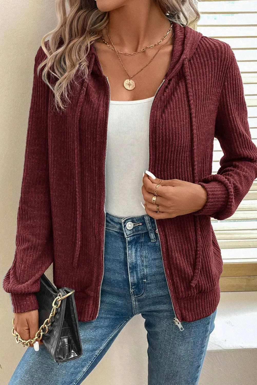 Drawstring Zip Up Long Sleeve Hooded Jacket - Image 5