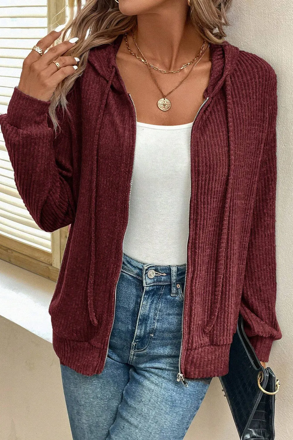 Drawstring Zip Up Long Sleeve Hooded Jacket - Image 6