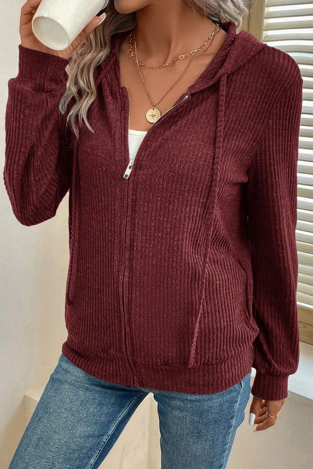 Drawstring Zip Up Long Sleeve Hooded Jacket - Image 7
