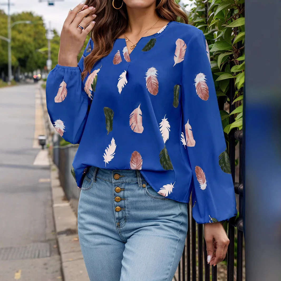 Feather Print Notched Balloon Sleeve Top - Image 24