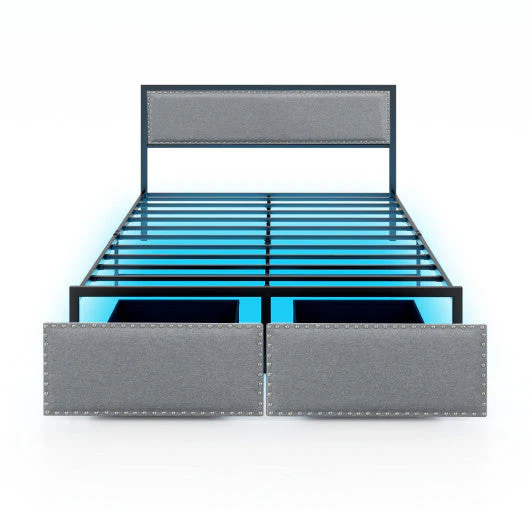 Full/Queen/Twin Size Bed Frame with LED Lights Drawer and Metal Slats-Queen Size