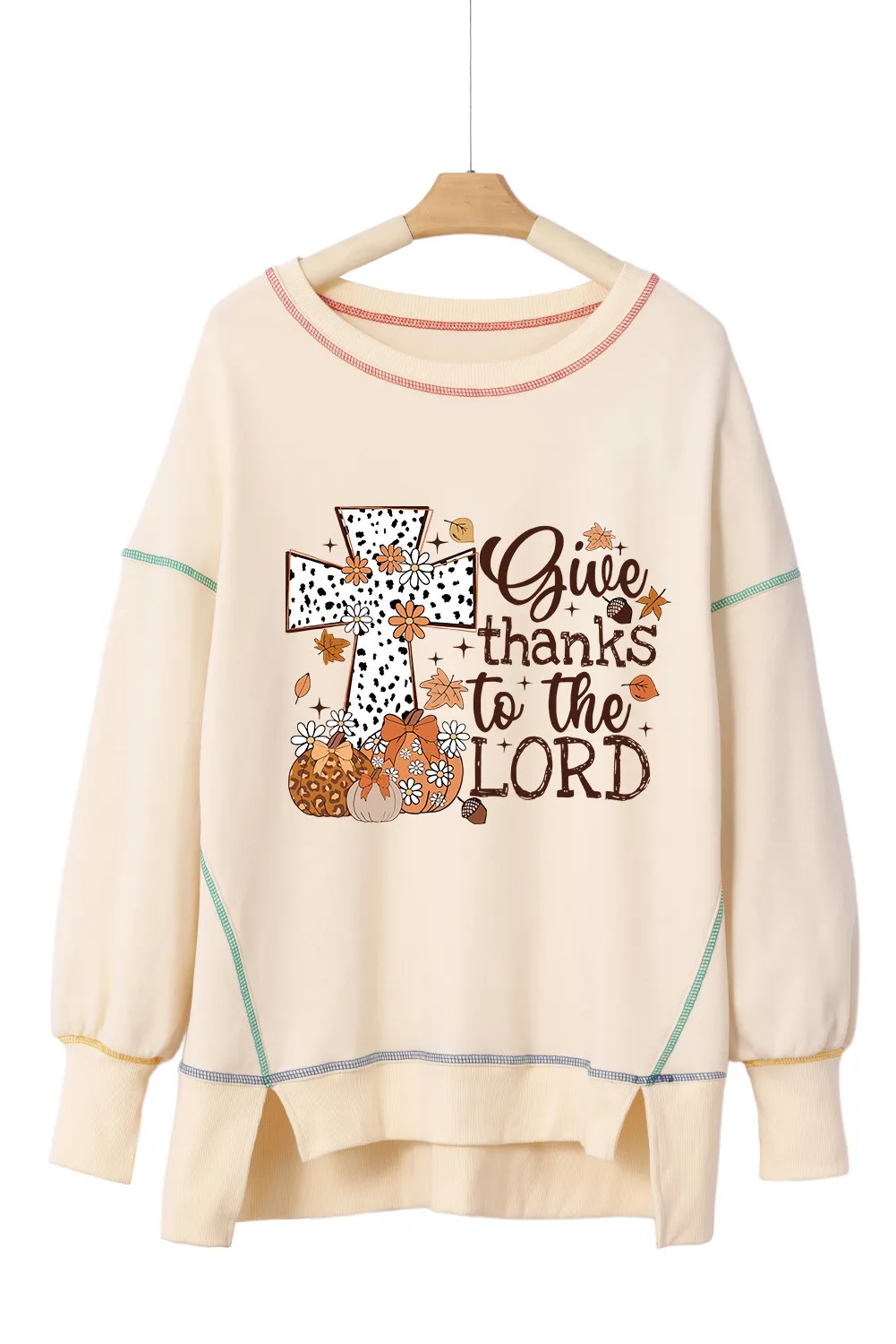 High-Low Contrast Stitching Round Neck Sweatshirt - Image 4