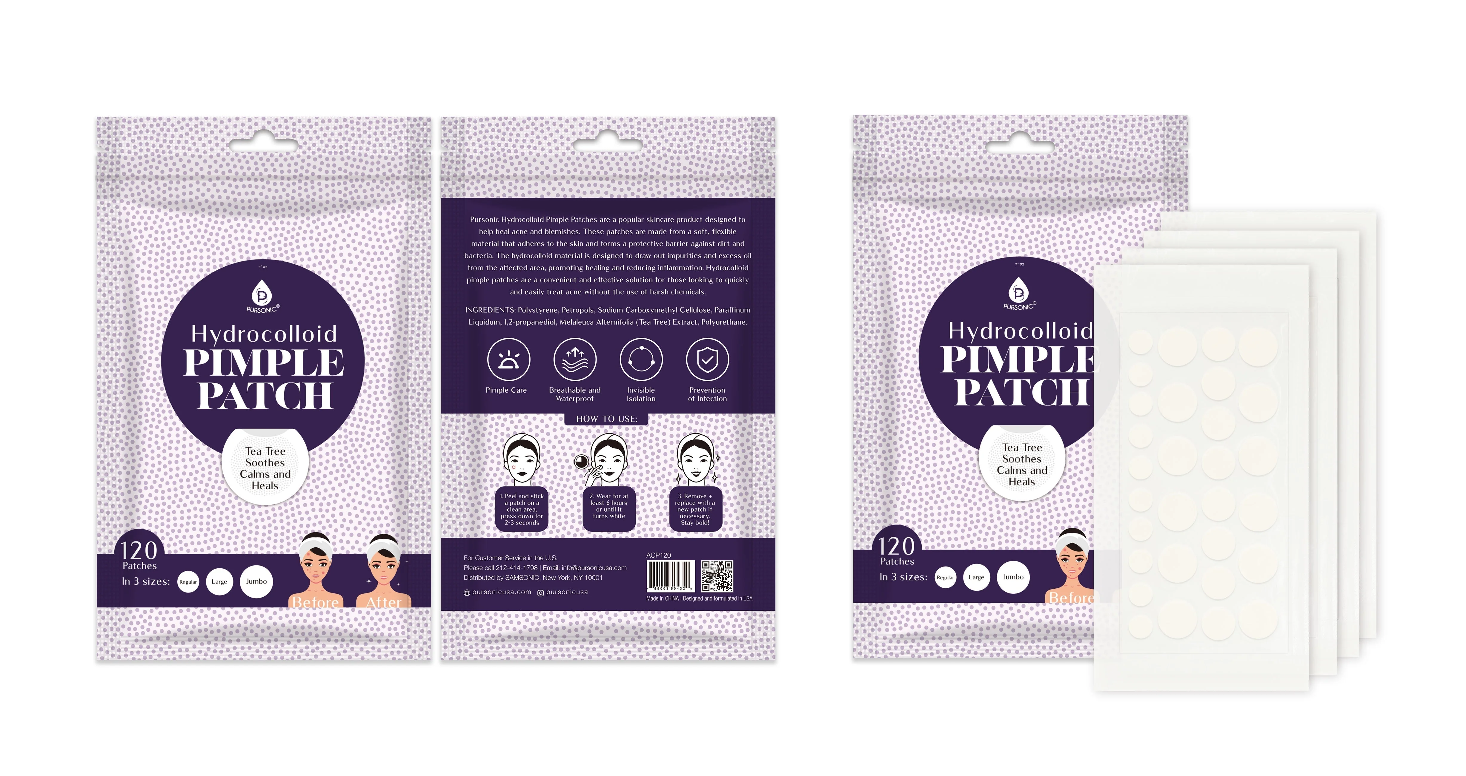 Hydrocolloid Pimple Patch, 120-Count, Multi Size Acne Solution by Pursonic