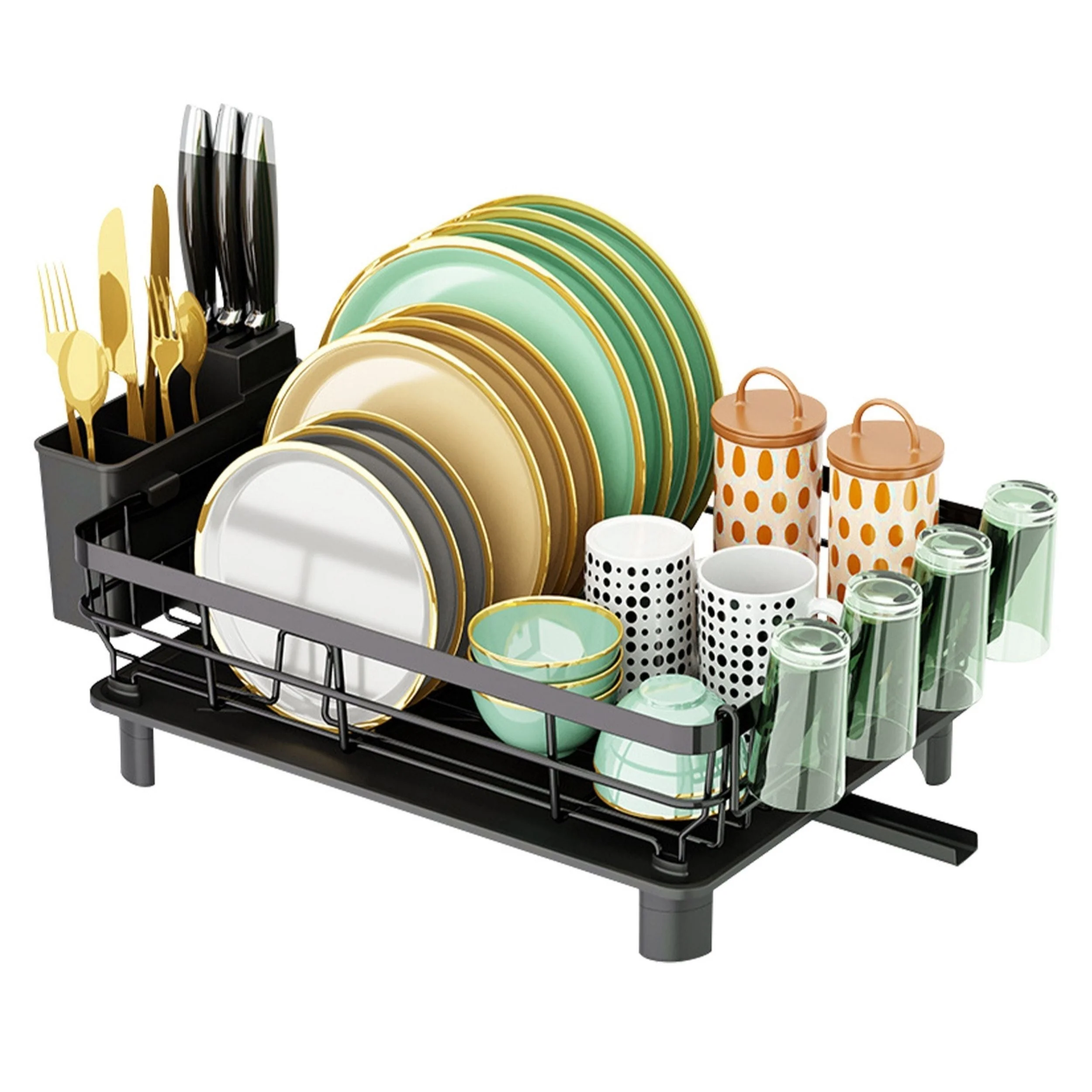 Kitchen Countertop Dish Drying Rack with Utensil Holder, Drain Board, and Storage Shelf