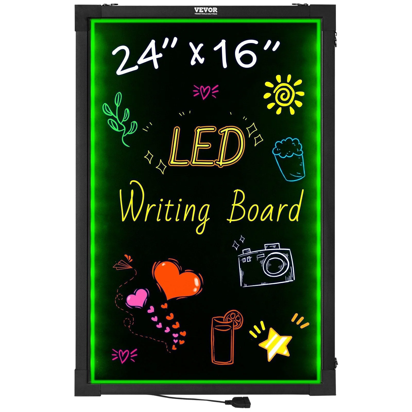 LED Message Writing Board, 24"x16" Illuminated Erasable Lighted Chalkboard, Neon Effect Menu Sign Board, Drawing Board with 8 Fluorescent Chalk Markers and Remote Tested to UL Standards