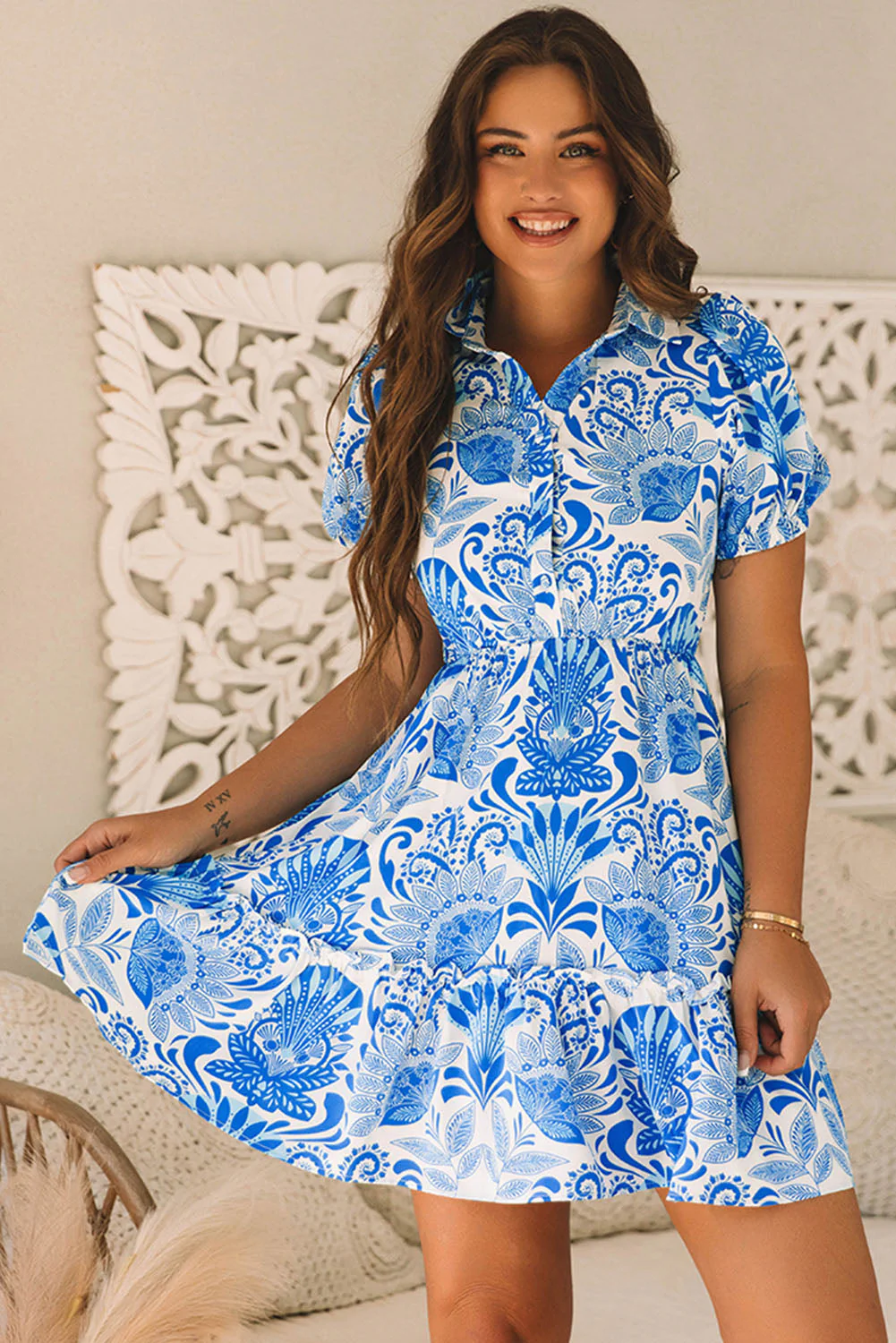 Lilly Floral Drawstring Waist Ruffled Dress by Poppy Lee Lane