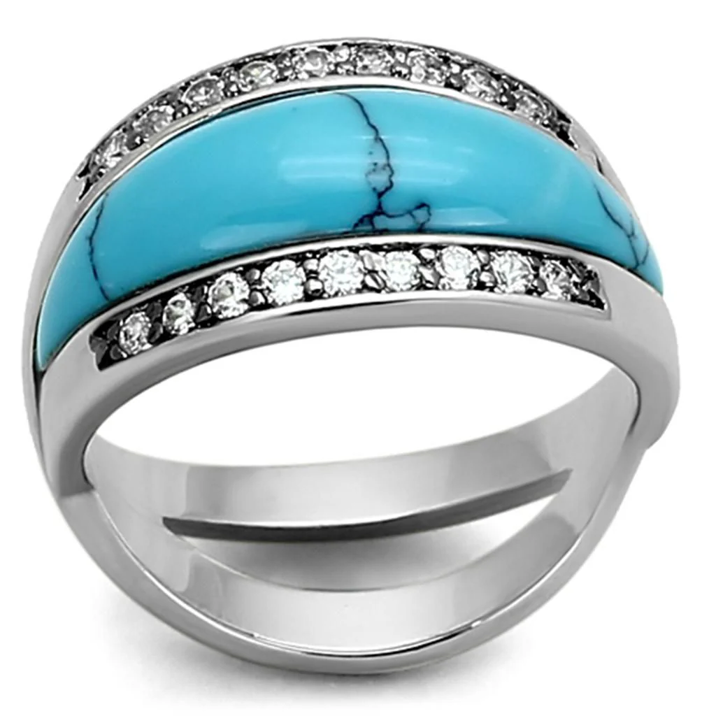 LOA882 - Rhodium Brass Ring with Synthetic Turquoise in Sea Blue - Image 2