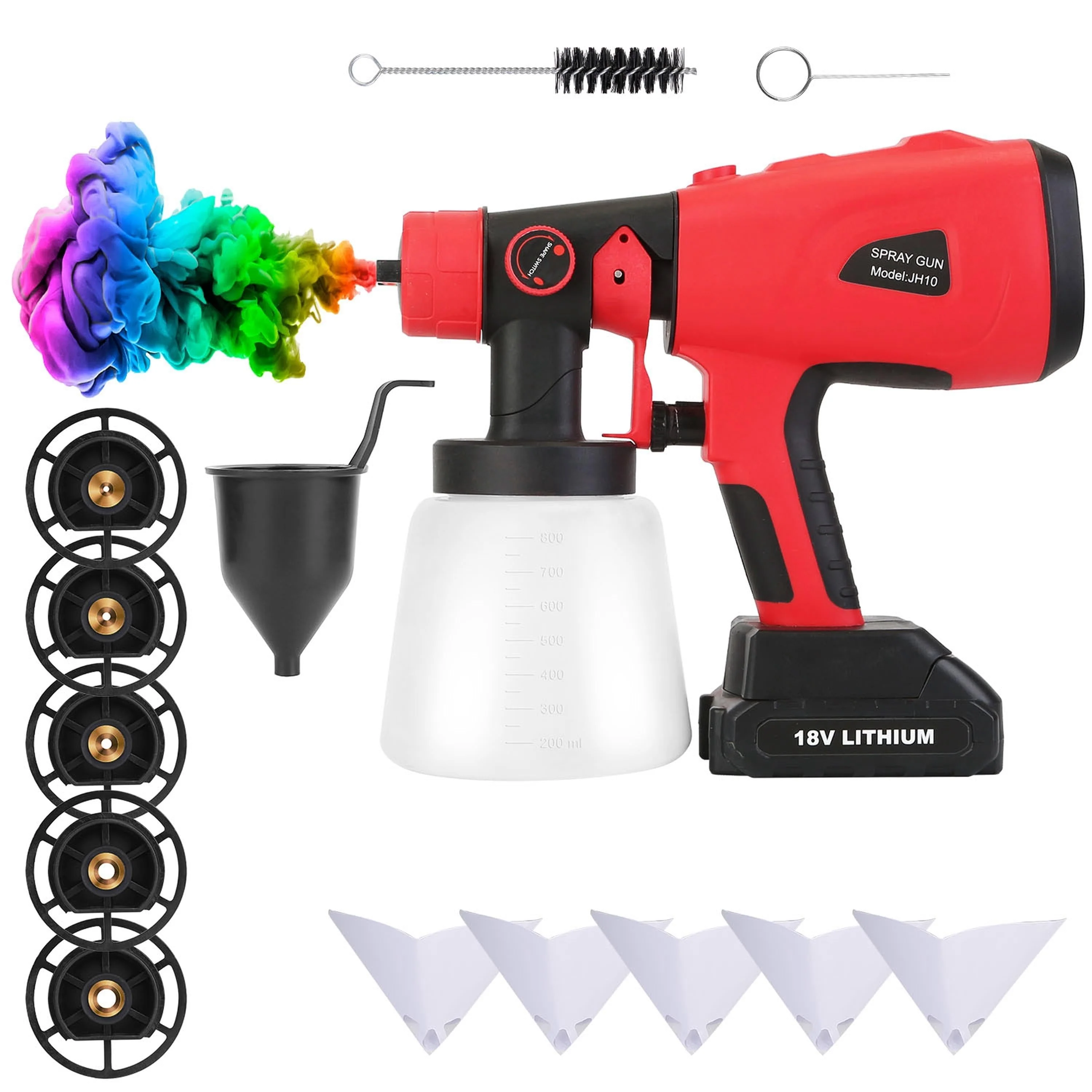 Portable Battery Powered Electric�Paint Sprayer�HVLP Spray Painting Gun Handheld Painter with 2 Spray Patterns 5 Nozzles 800ML Detachable Cup Flow Adj