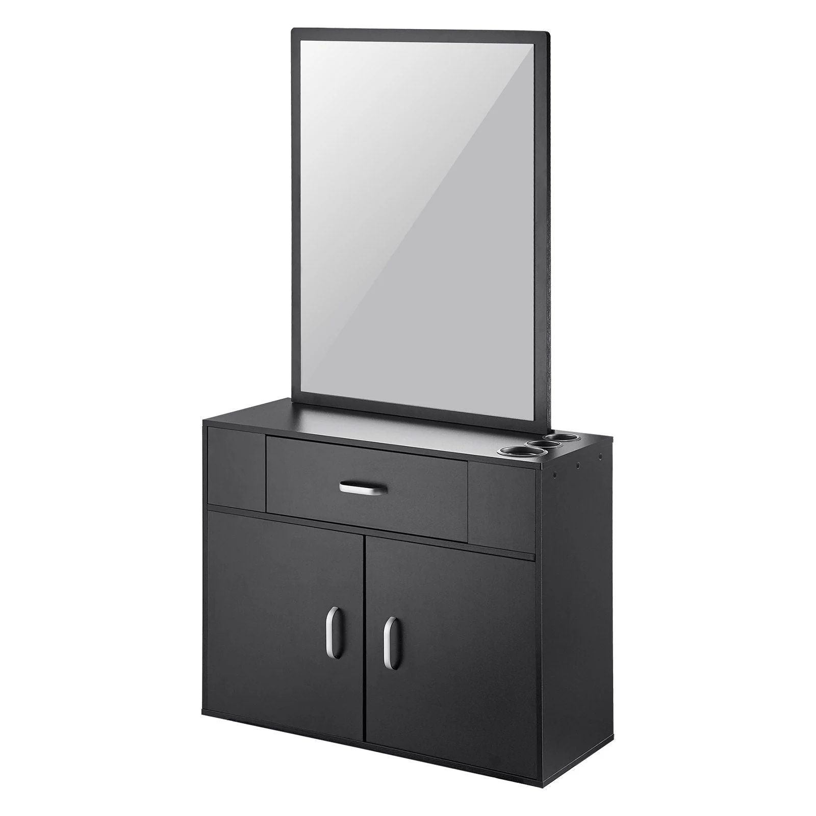 Salon Storage Cabinet, Wall Mounted Barber Salon Station for Hair Stylist, Hair Stylist Station Set, with 3 Sleeves, A Mirror, Double-door Cabinet, and A Drawer, Black