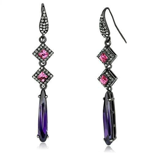 TK2712 - IP Light Black (IP Gun) Stainless Steel Earrings with AAA Grade CZ in Amethyst