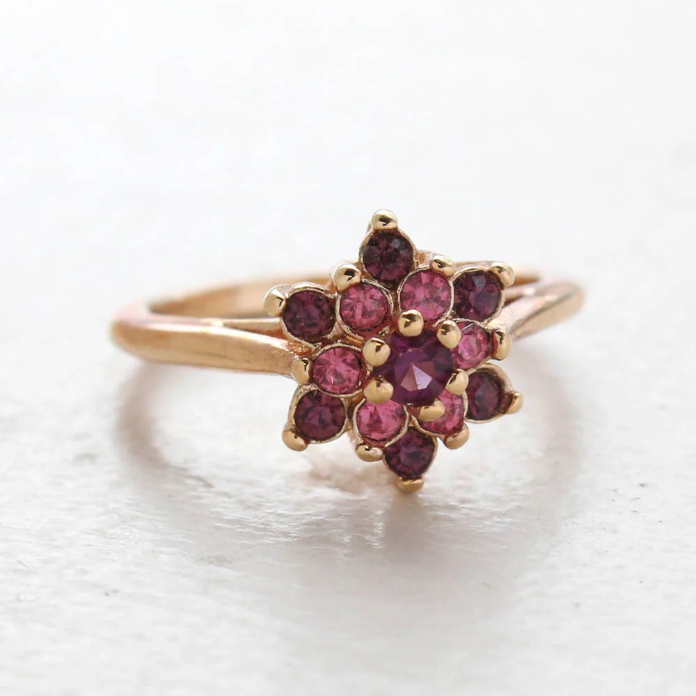 Vintage Rose and Amethyst Austrian Crystal Star Ring 18k Yellow Gold Electroplate Made in the USA by PVD Vintage Jewelry