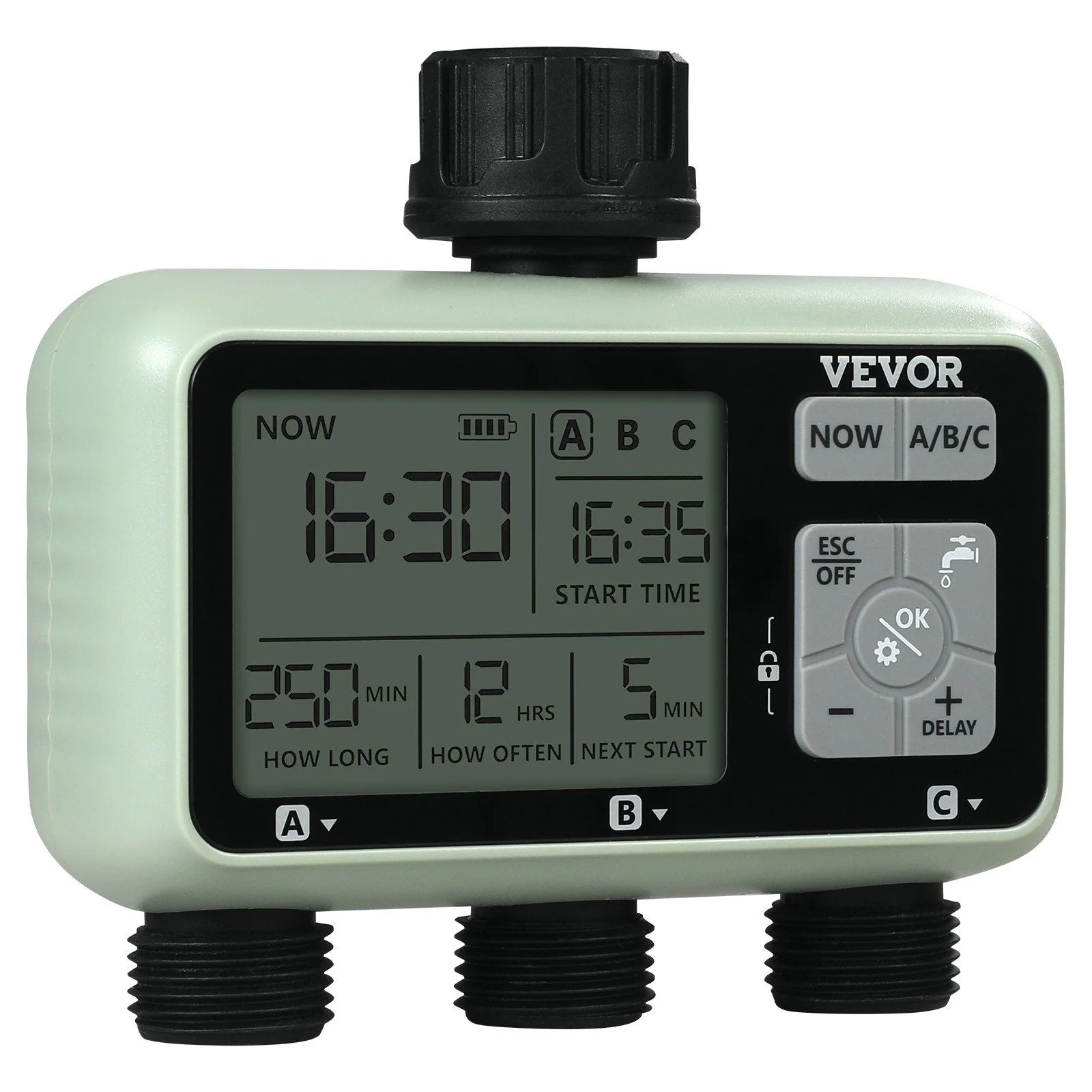 Water Timer, 3 Outlets, Hose Watering Sprinkler Timer, with 3 Independent Watering Zone LCD Display Rain Delay Mode Manual Mode 360° Brass Inlet Metal Filter, IPX6 Waterproof for Yard Watering