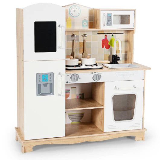 Wooden Kids Pretend Kitchen Playset Cooking Play Toy with Utensils and Sound